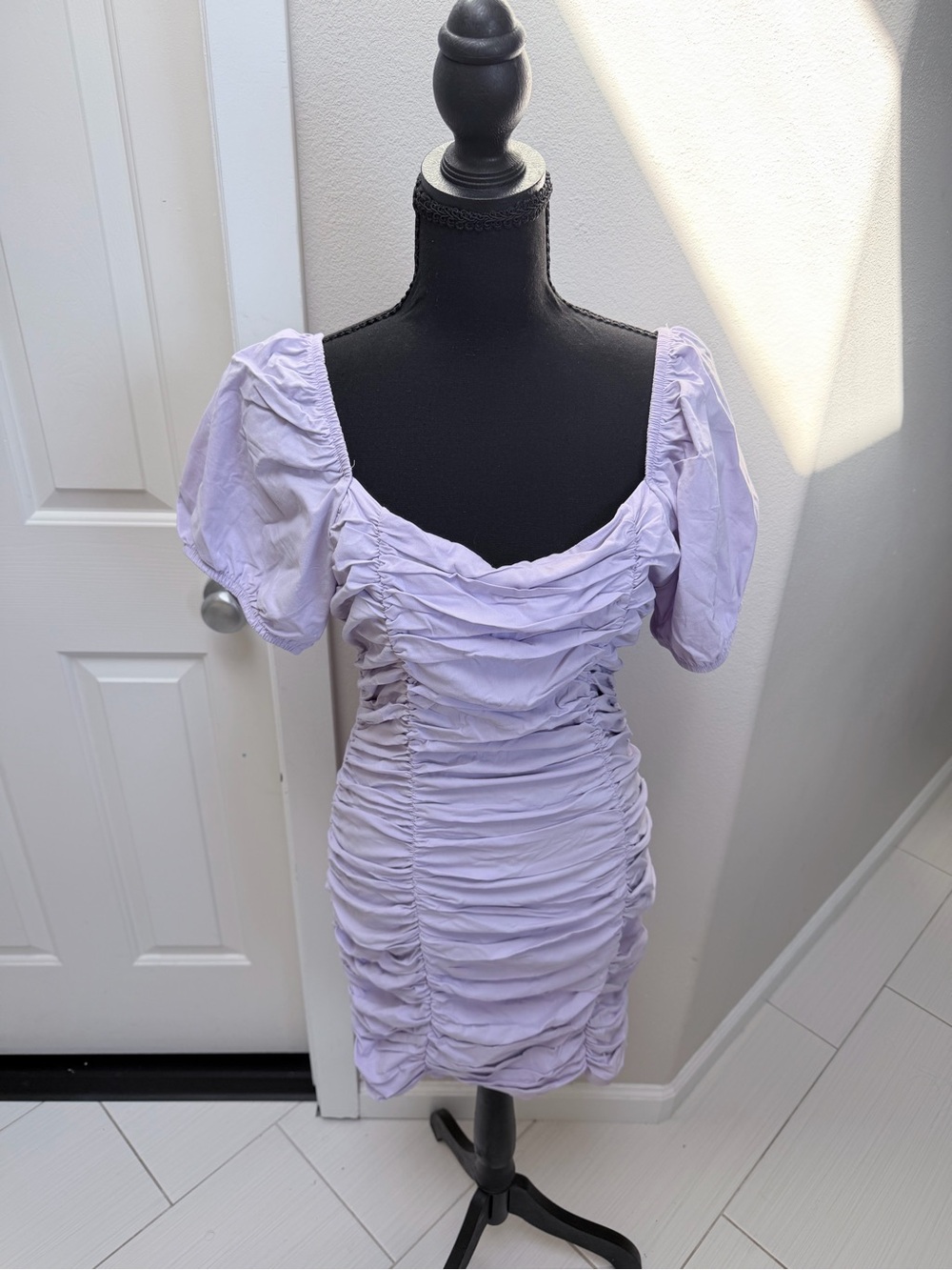Fashion Nova Lavender Ruched Puff Sleeve Mini Dress